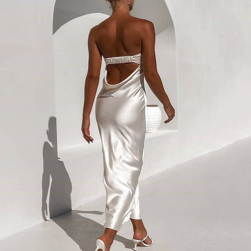 Banquet Evening Dress Drape Hot Girl Dress New Solid Color Backless Waist Long Skirt