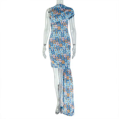 Retro Elegant Floral Print Long Dress With Side Slit