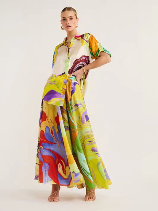 Fashionable Floral Satin Lounge Set For Business Casual