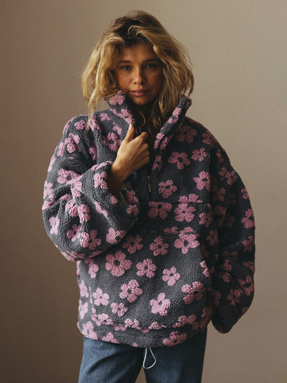 Floral Pattern Fleece Hoodie Casual Warm Sweatshirt