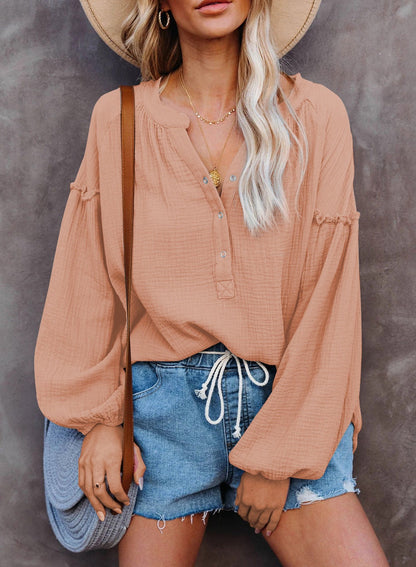 Solid Color Mosaic Lantern Sleeve Button V-Neck Casual Shirt Woman
