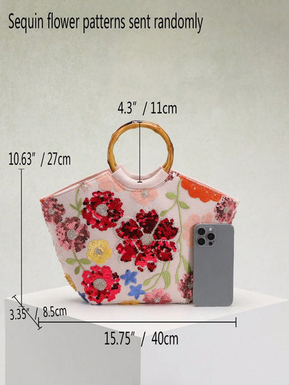 Elegant Floral Sequin Tote Bag With Bamboo Handle