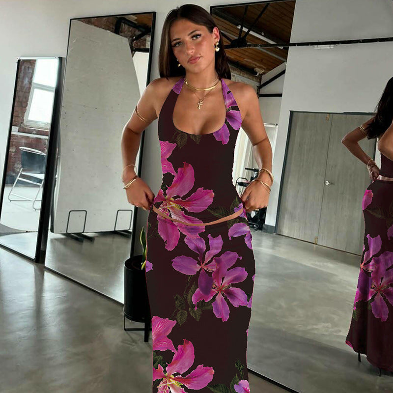 Fashion Floral Print Sexy U-Neck Slim Fit Tank Dress Set