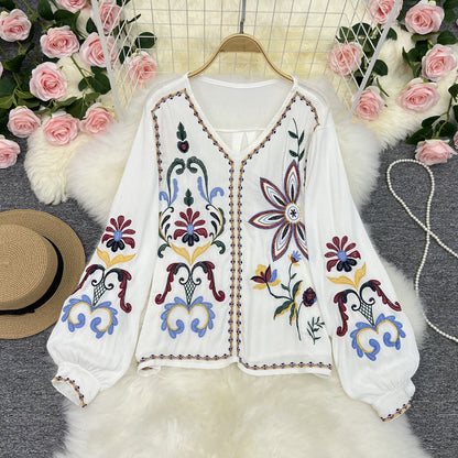 Vintage Embroidery Ethnic Style New Women'S Clothing French Style Minimalist Style V-Neck Bubble Sleeve Embroidered Shirt