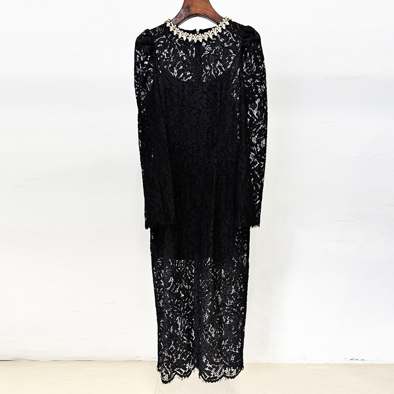 Beaded Long Sleeve Lace Dress Elegant Casual Style