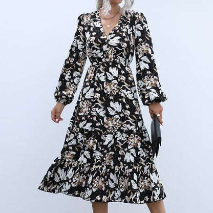 Autumn/Winter New Womenswear Women'S Print Maxi Dress V-Neck Puff Sleeve Long Dress
