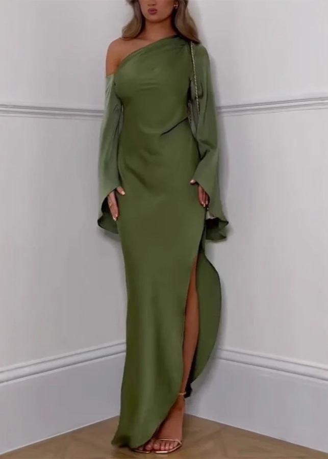 One Shoulder Satin Gown With Draped Sleeve