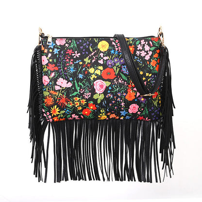 Fashionable And Personalized Printed Tassel Bag, One Shoulder Crossbody Bag, Rose Large Bag, Women'S Bag