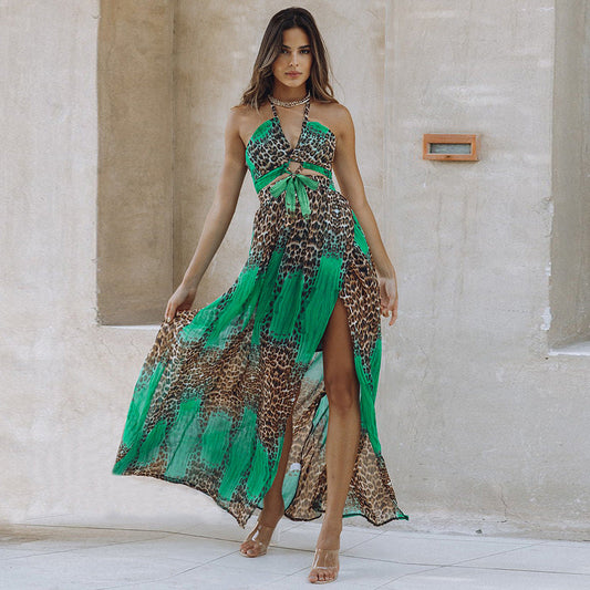 Sexy Leopard Print Backless Dress Chiffon Pendulum Bohemian Long Dress