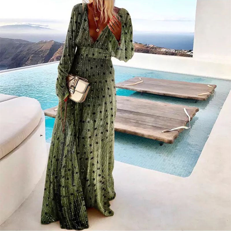 Green Gradient Polka Dot Maxi Dress With Deep V Neck