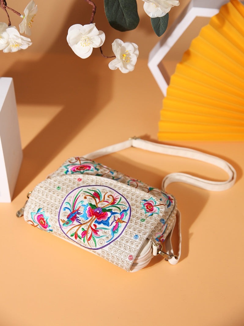 Colorful Cloud Impression Red And Blue Embroidery Versatile Canvas Flap Mobile Phone Crossbody Bag For Women