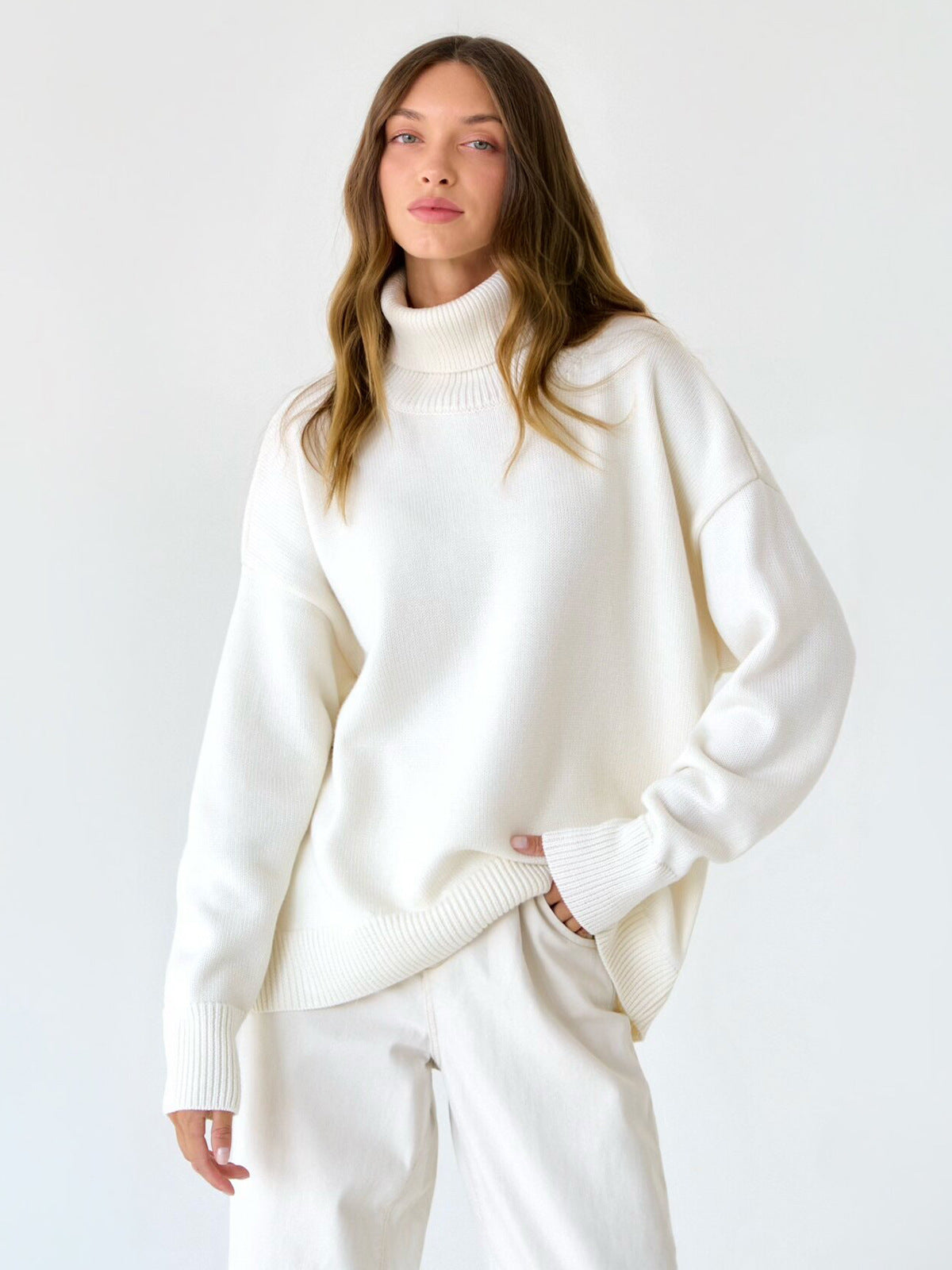 High Neck Knitted Sweater for Women Classic Solid Color Casual Pullover