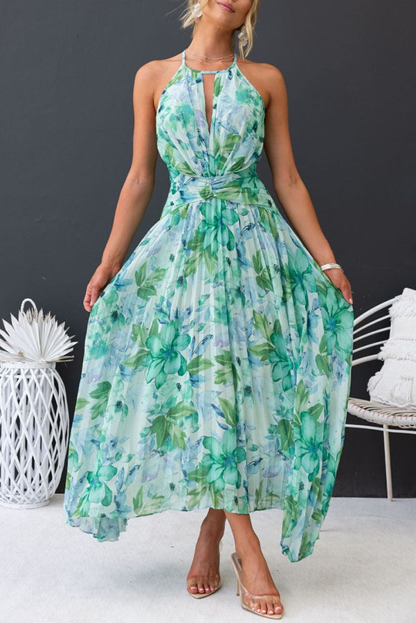 Summer Women'S Neck Hanging Sleeveless V-Neck Printed Large Swing Long Dress Dress