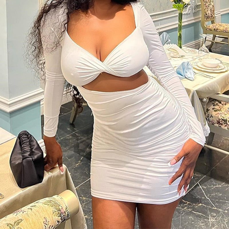Sexy Backless Ruched Bodycon Dress With V-Neck