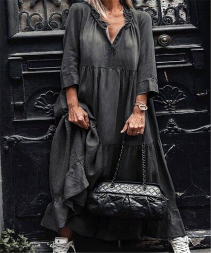 New Washed Denim Large Swing Long Skirt With Medium And Long Sleeves