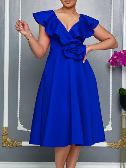 V-Neck Ruffle Floral Dress Elegant Evening Gown
