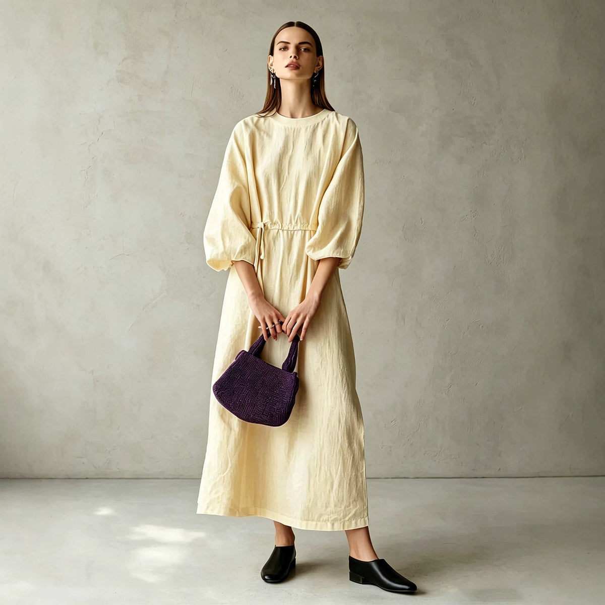 Women's Cream Textured Cotton-Blend Maxi Gown With Drop Shoulder Lantern Sleeves & Self Tie Waist Detail, Modern Effortless-Chic Everyday Maxi Dress