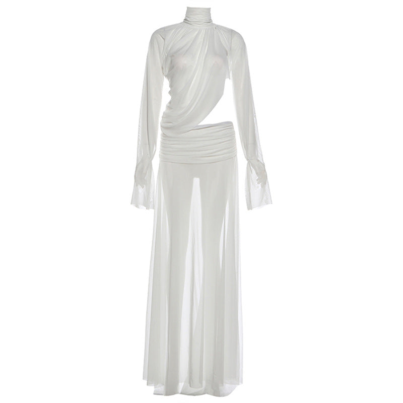 Sexy Sheer High Neck Flared Sleeve Top And Split Maxi Skirt Set