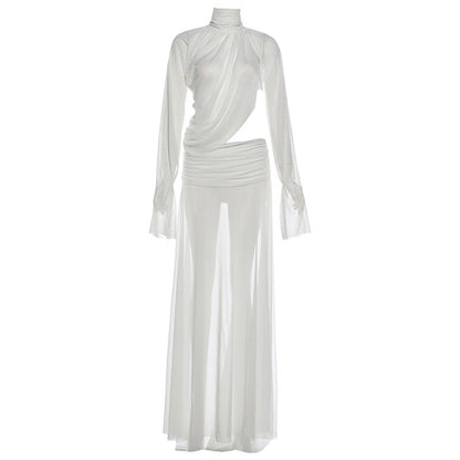 Sexy Sheer High Neck Flared Sleeve Top And Split Maxi Skirt Set