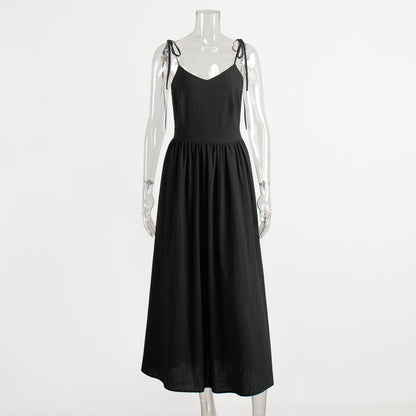 Cotton V-Neck Backless Dress Elegant Casual Maxi Dress