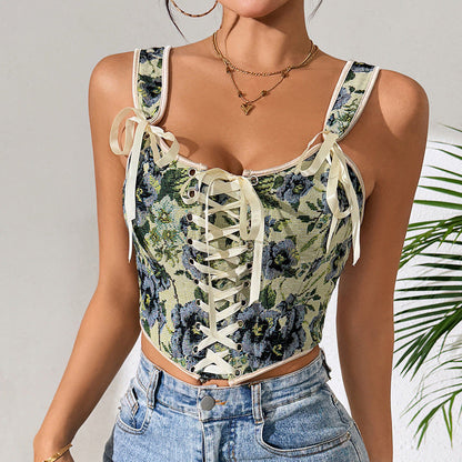 French Vintage Floral Tie-Back Sexy Tank Top