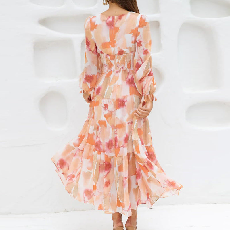 Bohemian Style New Spring And Autumn Deep V Print High Waisted Casual Long Sleeved Mid Length Dress