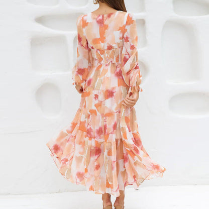 Bohemian Style New Spring And Autumn Deep V Print High Waisted Casual Long Sleeved Mid Length Dress