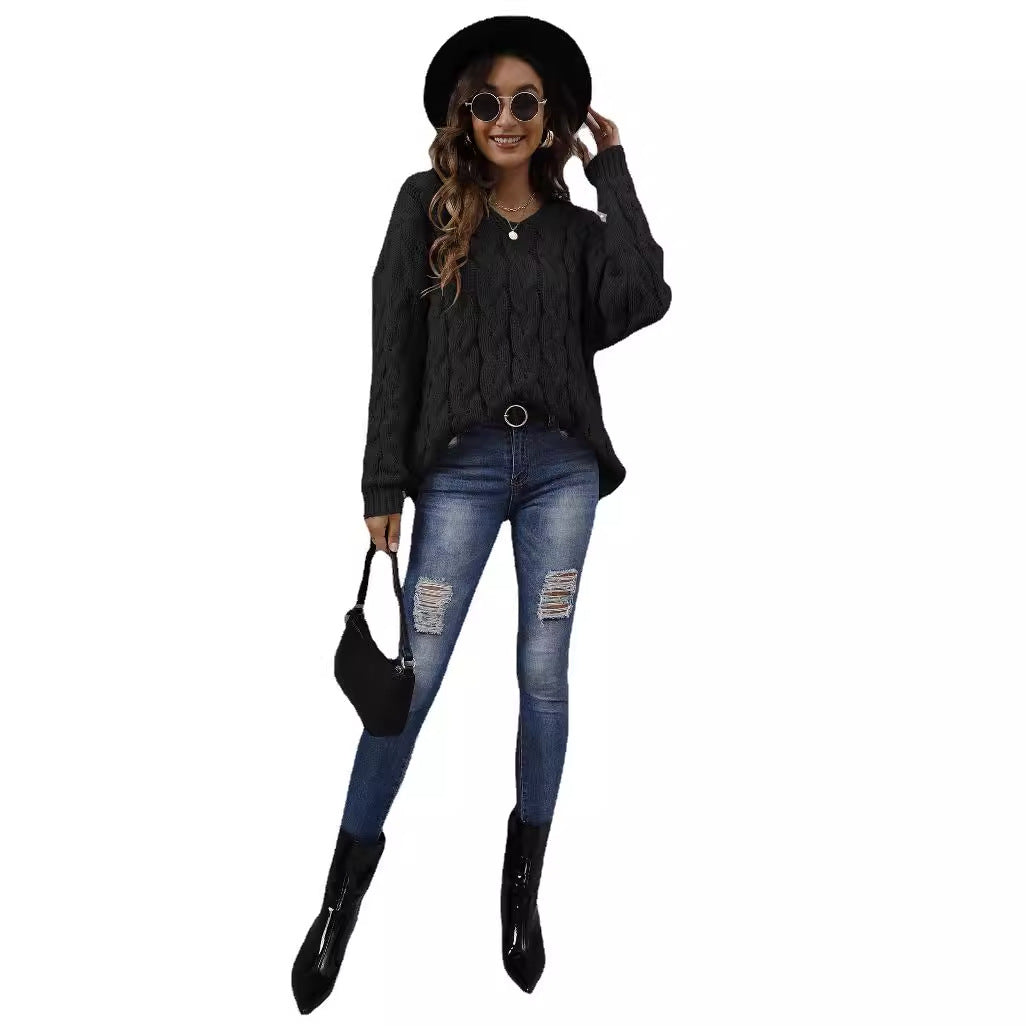 Fashionable Chunky Knit V-Neck Hoodie Sweater For Women