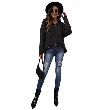 Fashionable Chunky Knit V-Neck Hoodie Sweater For Women
