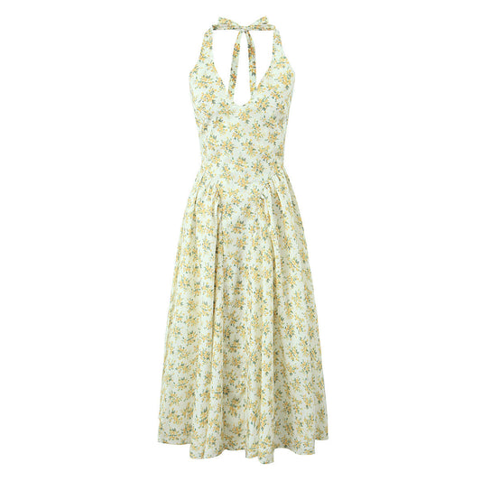 Vintage Floral Halter V-Neck Maxi Dress