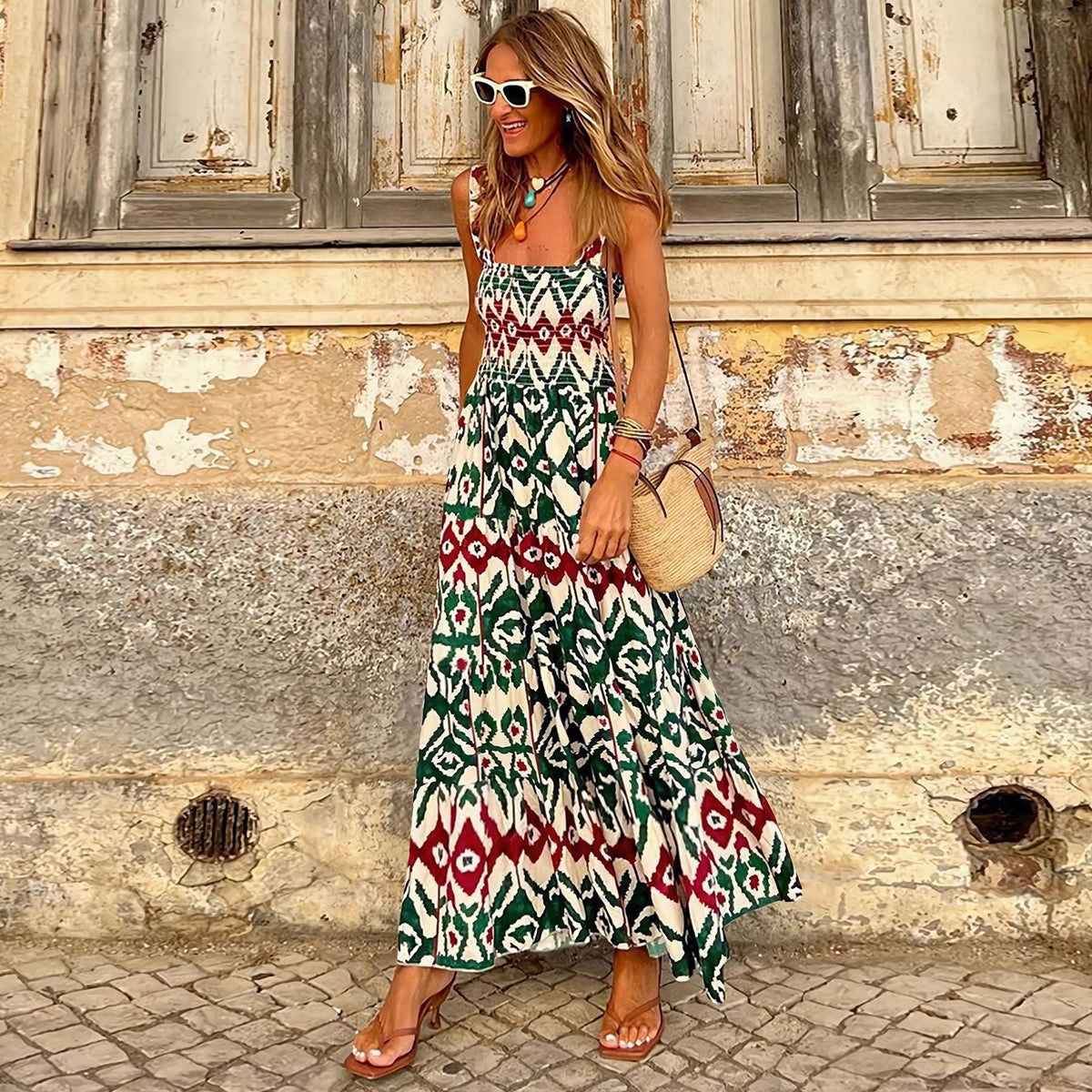 Summer Women'S Elegant Print Elastic Strap Skirt Holiday Style French Fragmented Flower Hanging Strap Long Dress