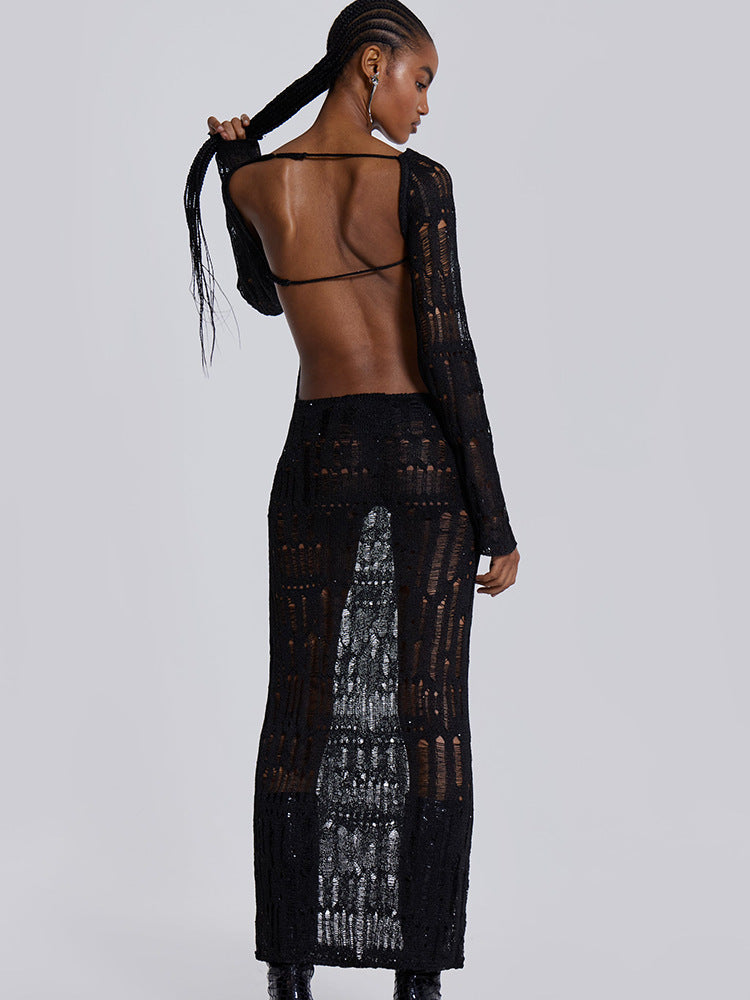Sexy Backless Hollow Out Long Sleeve Bodycon Dress