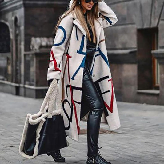 Autumn And Winter New Casual Loose Large Print Lettered Tweed Lapel Coat