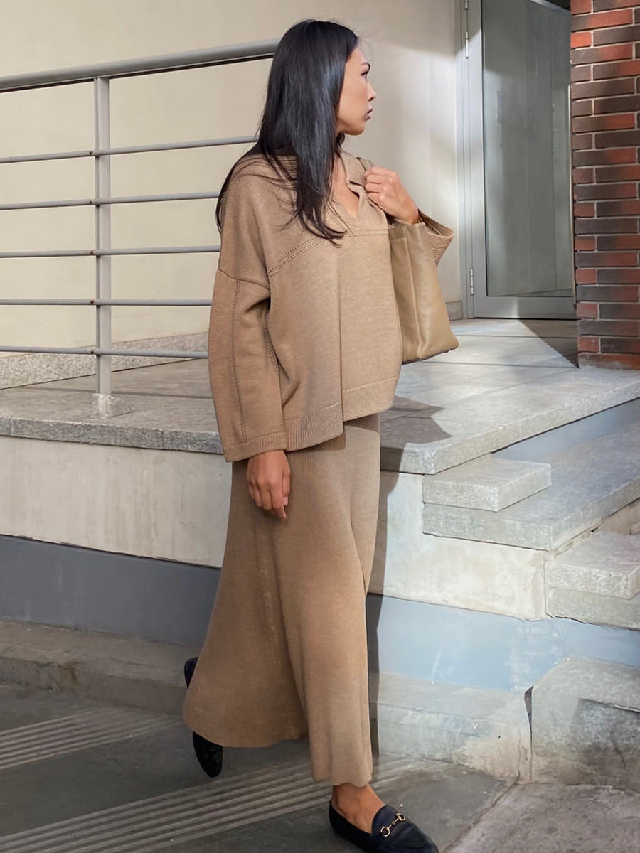 Fashionable V-Neck Knit Sweater And Skirt Set