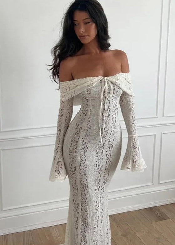 Lace Off Shoulder Maxi Gown in White