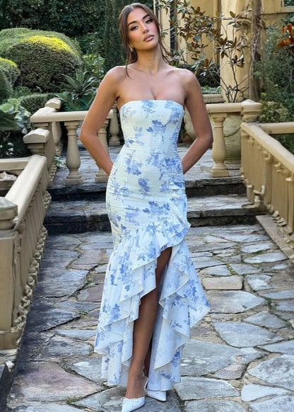 Strapless Ruffled Maxi Dress With Floral Print