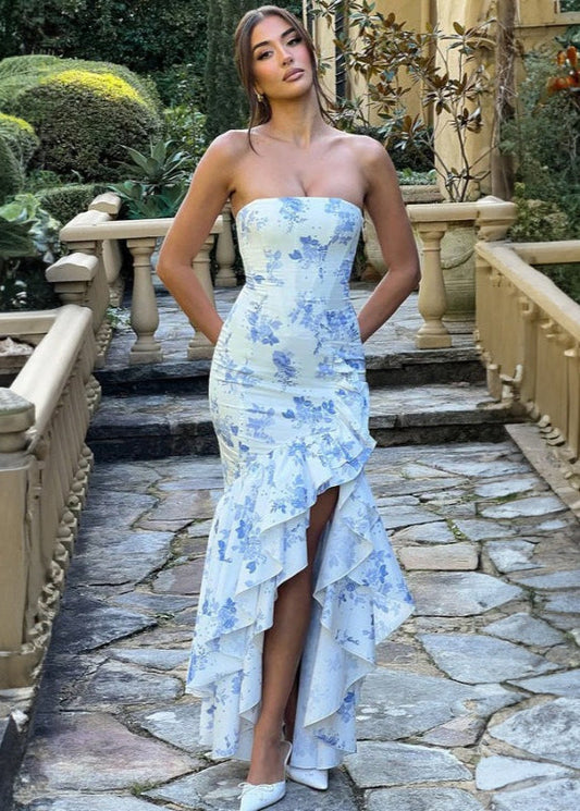Strapless Ruffled Maxi Dress With Floral Print
