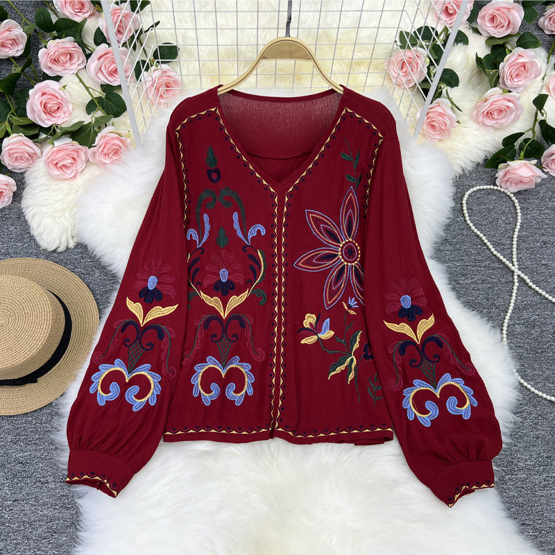 Vintage Embroidery Ethnic Style New Women'S Clothing French Style Minimalist Style V-Neck Bubble Sleeve Embroidered Shirt