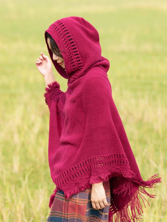 Summer Solid Color Hooded Shawl Women'S Knitting Outside With Spring And Autumn Travel Tassel Pullover Hooded Cape Shawl