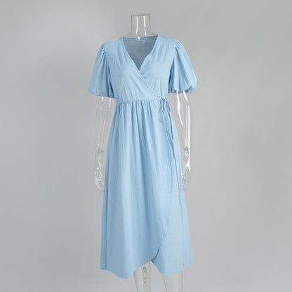 Casual Cotton Tie Front Maxi Dress with Puff Sleeves