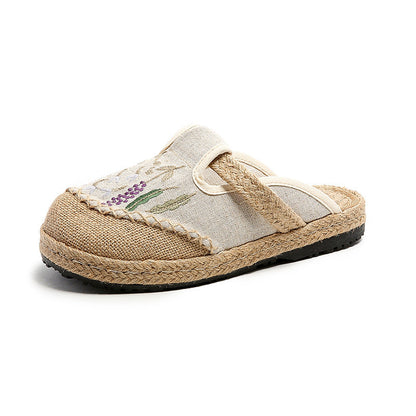 Summer New Ethnic Style Embroidered Slippers Women'S Beef Tendon Bottom Cloth Shoes Women Hand-Woven Linen Straw Shoes
