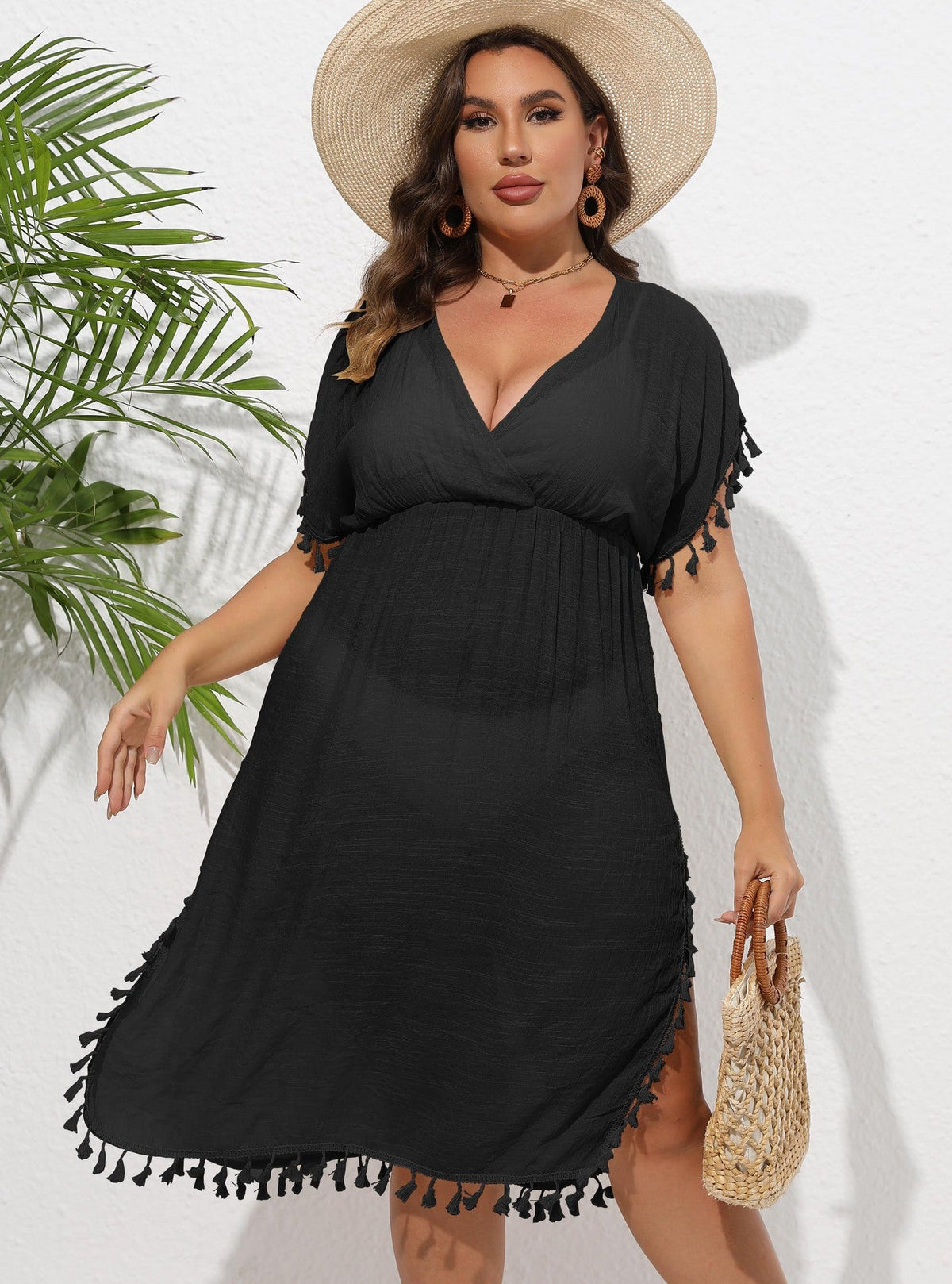 Plus Size Women'S Beach Vacation Bikini Cover-Up With Fringe Deep V Waist Cinching Dress