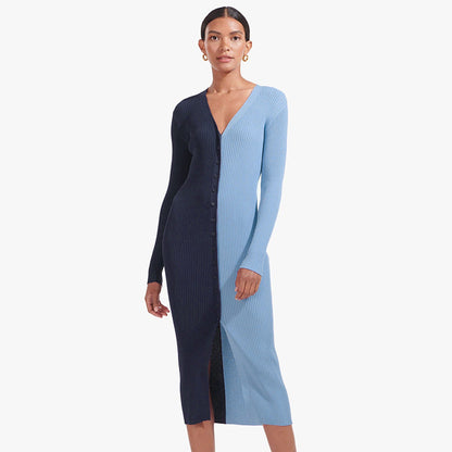 Women'S Autumn New Temperament Commuter Color Matching Button High Waist Long Dress