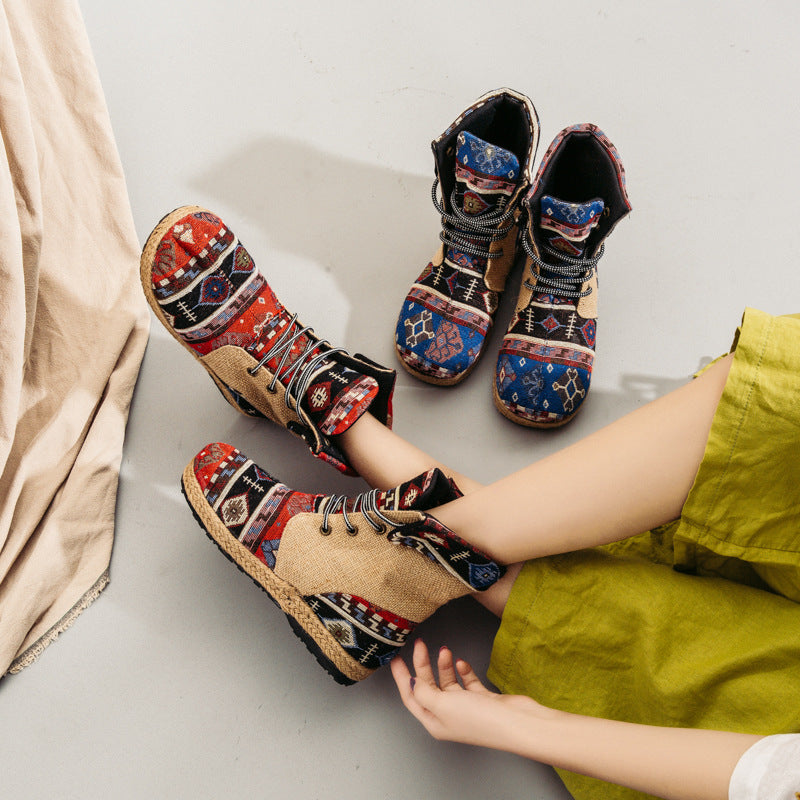 High-Top Linen Cloth Shoes Embroidered Lace-Up Flanging Color Matching Shoes National Wind Cotton And Linen Booties
