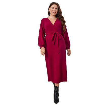 Burgundy Long Sleeve V-Neck Midi Dress
