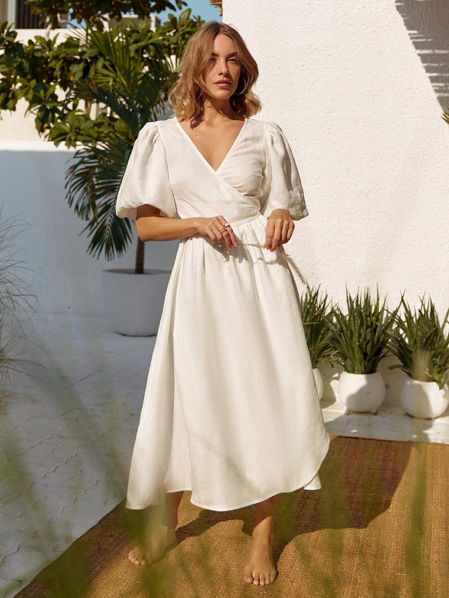 Casual Cotton Tie Front Maxi Dress with Puff Sleeves