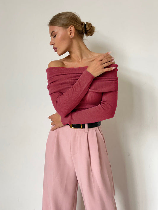 Off-Shoulder Knit Top Solid Color Slim Fit Long Sleeve Sweater