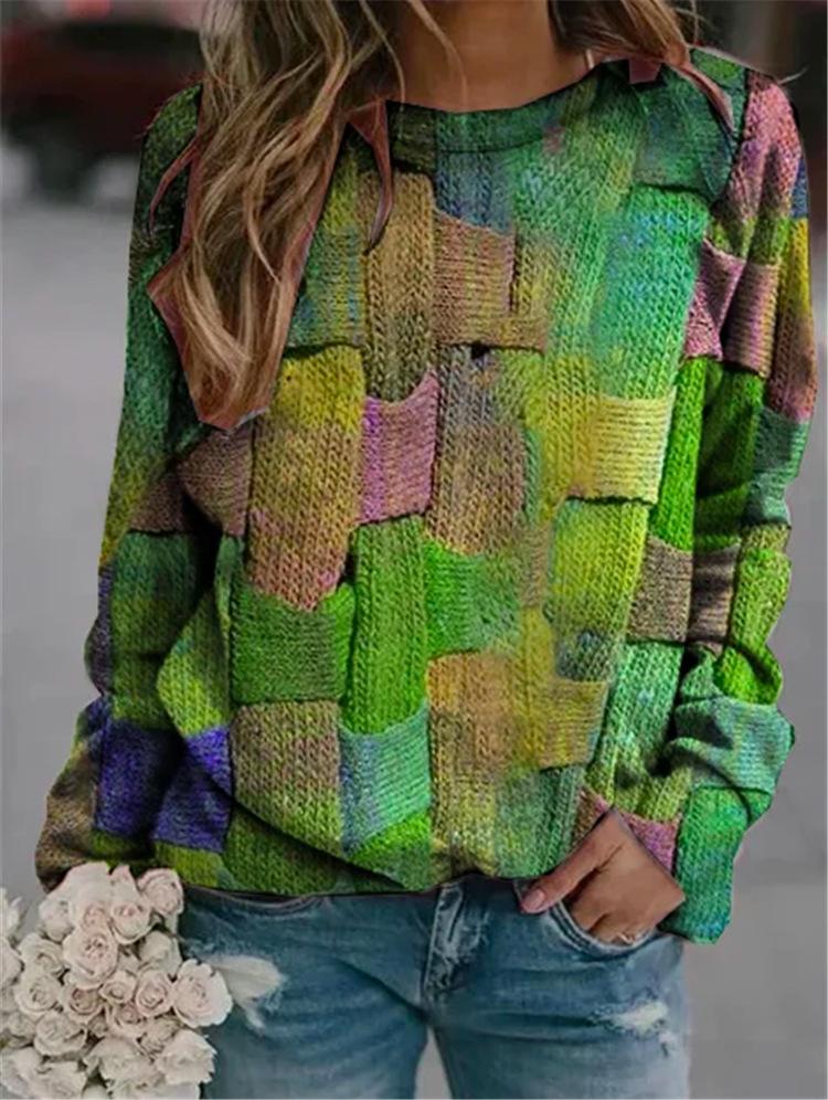 Long Sleeve Round Neck Printed Loose Pullover Sweater Women'S Clothing