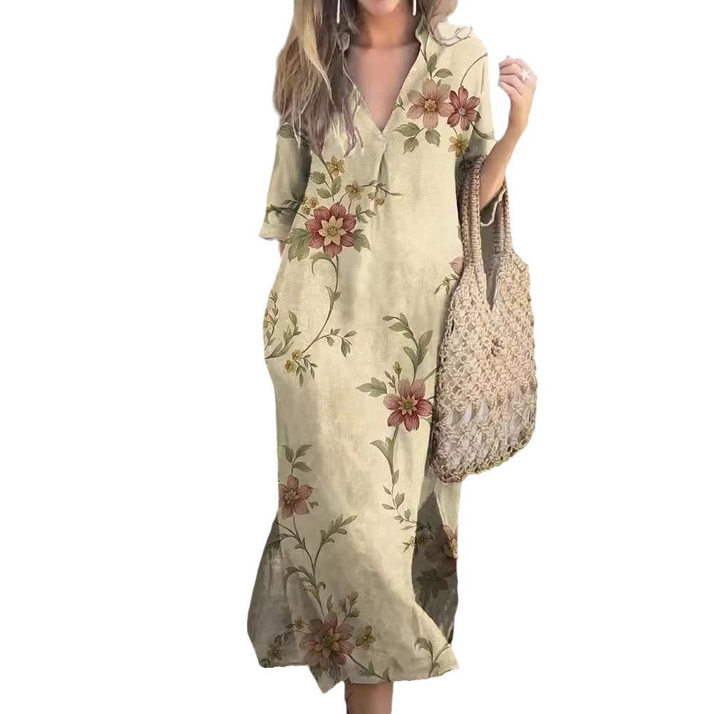 New Casual Summer Loose Skirt Slit V-Neck Print Imitation Hemp Dress Cotton