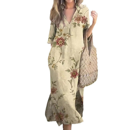 New Casual Summer Loose Skirt Slit V-Neck Print Imitation Hemp Dress Cotton